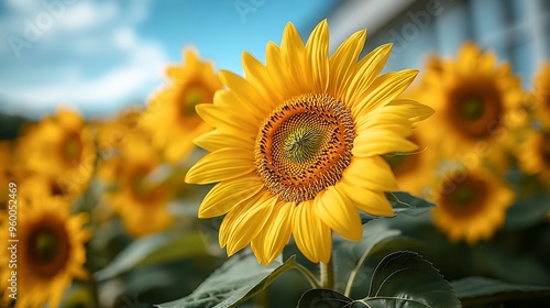 A field of vibrant sunflowers under a bright blue sky 