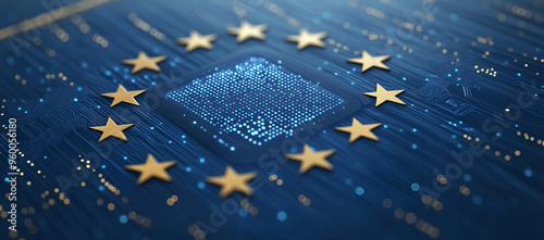 European Union Digital Technology and Innovation, Futuristic Abstract Design with Circuit Board and Stars