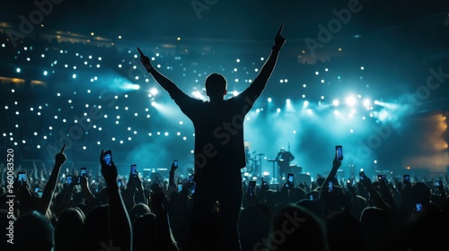 Vocalist in front of crowd on scene in stadium. Bright stage lighting, crowded dance floor. Phone lights at concert. Band blue silhouette crowd. People with cell phone lights