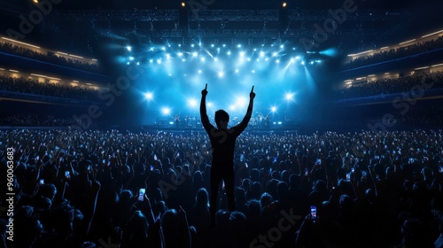 Vocalist in front of crowd on scene in stadium. Bright stage lighting, crowded dance floor. Phone lights at concert. Band blue silhouette crowd. People with cell phone lights