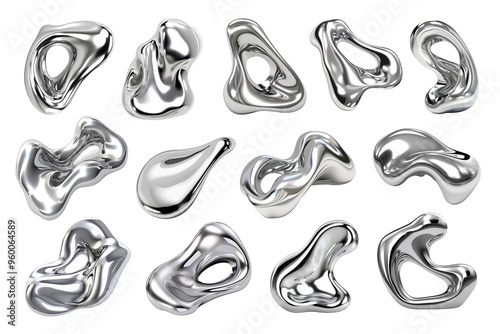 PNG 3D liquid chrome abstract shape element set, transparent background