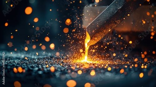 Close-up of molten metal pouring into a sword-shaped mold in a medieval forge, showcasing the intricate details of the mold and the glowing,