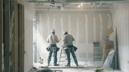 Two construction workers in safety gear preparing and finishing drywall installation in a room under renovation. Ideal for themes related to construction, remodeling, and interior design.