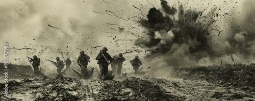 A historical black-and-white photograph capturing a dramatic battlefield scene with soldiers in action.