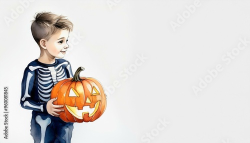 Chłopiec przebrany na święto Halloween w kostium kościotrupa z lampionem z dyni w ręku. Białe tło, rysunek, ilustracja