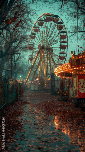 Una espeluznante feria abandonada por la noche, con atracciones oxidadas, una noria parpadeante y espeluznantes caras de payasos en carteles descoloridos. La escena está iluminada por luces tenues