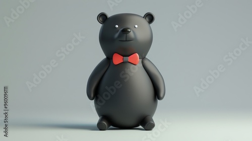 A cartoon black bear wearing a red bow tie against a light gray background.