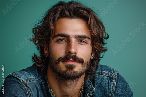 Hombre modelo caucásico con bigote y barba mirando a cámara, vistiendo cazadora vaquera, sobre fondo verde. Concepto movimiento de marzo, prevencion cancer masculino