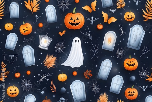 Ghosts floating among gravestones in a spooky Halloween night pattern.,