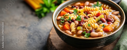 Close-up of a bowl filled with hearty vegetable soup featuring beans, fusilli pasta, and fresh herbs, ideal for comforting meals.