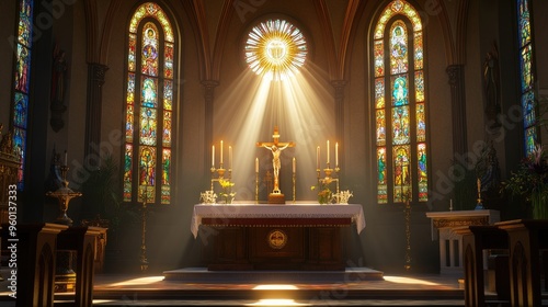 An elegant church altar adorned with a radiant monstrance, candle, and chalice, bathed in soft light and framed by stained glass windows.