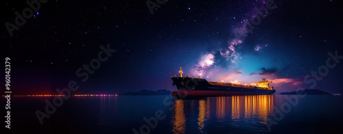 Oil tanker docked in an offshore dock at night or dawn sea. Backbone of global trade and logistics. beautiful stars in the dusk night sky. Generative AI. 