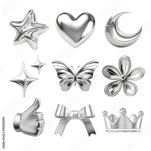 3d chrome icon png element set, transparent background