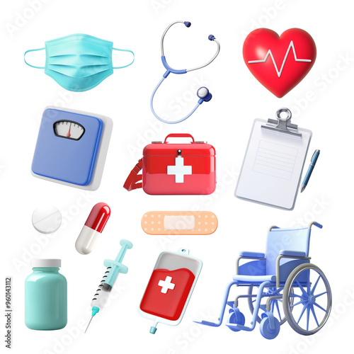 3d medical icon png element set, transparent background