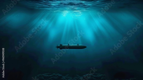 A sleek submarine glides silently through the deep blue waters, beams of light piercing the ocean's surface above.