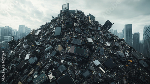 Mountain of electronic waste of electronics. Environmental pollution and the need for recycling and sustainable waste management solutions.