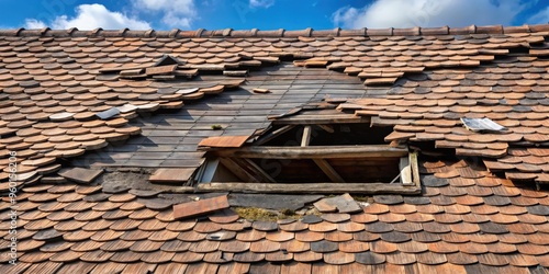 A damaged and broken roof with visible holes and missing shingles