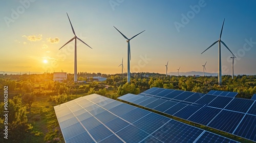 Solar panels and wind turbines generating renewable energy during sunset, symbolizing sustainable power solutions for the future