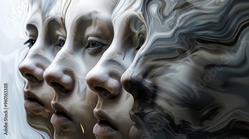 A surreal artwork featuring the profile of a woman's face appearing multiple times in a fluid, wavy design. The image blends realism with abstract elements, creating a captivating visual effect.