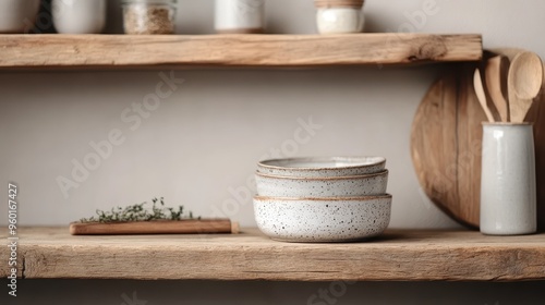 A beautifully styled kitchen features minimalist, rustic wooden shelves holding various ceramic and wooden kitchenware, embodying a serene and organized culinary space.