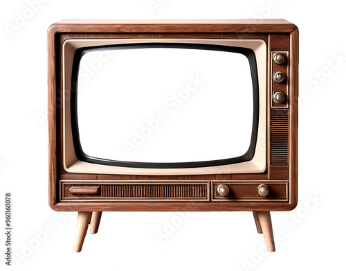 Retro wooden TV box cut out with frame screen cut out, television of 1970s or 80s wood vintage historical show blank monitor png isolated transparent background 