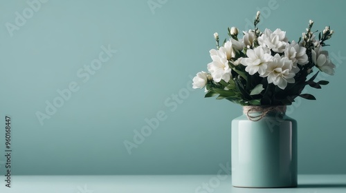 This image features an artistic arrangement of white flowers in a teal ceramic vase against a calm blue backdrop, exuding a peaceful and sophisticated charm.