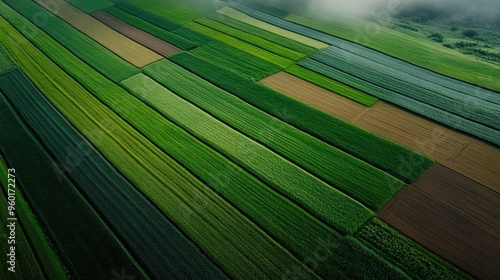 An aerial photograph displaying an extensive stretch of vibrant green fields arranged in a patchwork pattern, capturing the essence of agricultural landscape and farming.