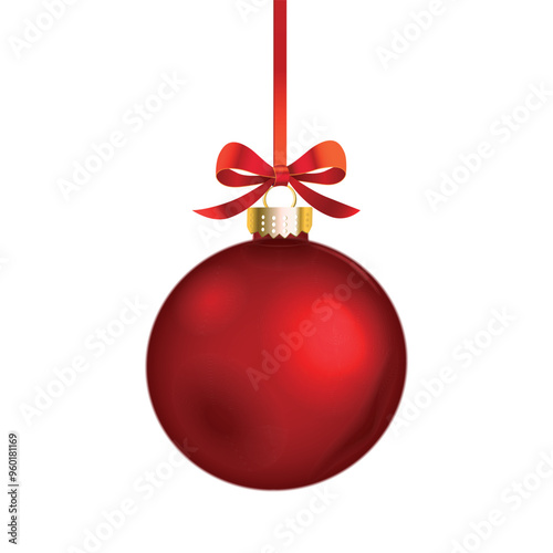 Vector realistic christmas ball ornament with elegant red bow on transparent background.