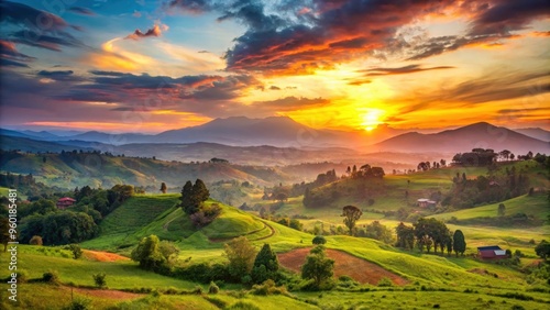 Beautiful sunset over mountains and hills of pastures and farms in Kisoro, Uganda, with a colorful sky and incredible landscape