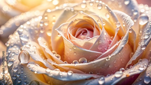 Tiny beads of dew clings to the rose's petals as sunlight caresses the delicate blooms, infusing the scene