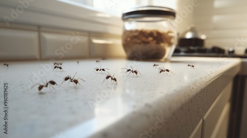 Ants crawling on a kitchen counter looking for food