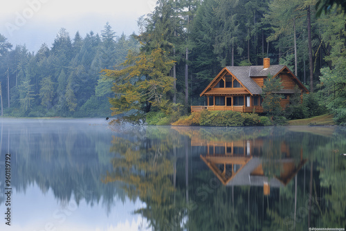 Lakeside cabins nestled among towering pines. The image is reflected in the calm waters.