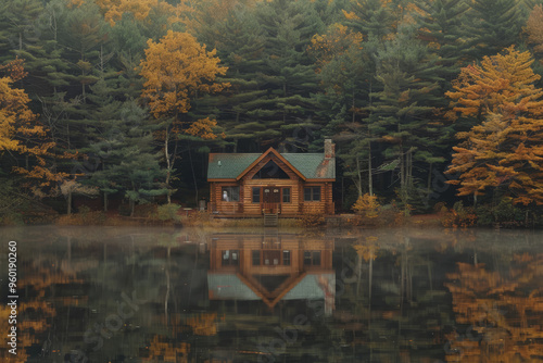 Lakeside cabins nestled among towering pines. The image is reflected in the calm waters.