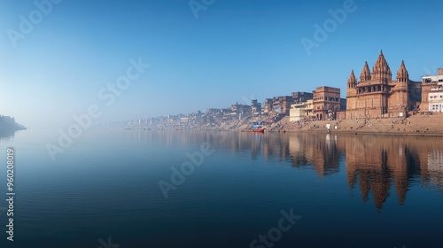 A panoramic view of the Ganges River in Varanasi, with ghats and temples reflecting in the water, devoid of any people