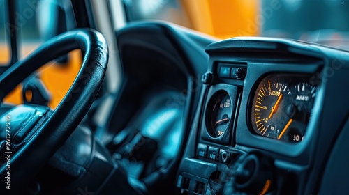 Close-up of a vehicle's dashboard with gauges and steering wheel.