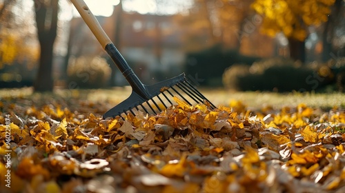 Person Raking Colorful Fallen Leaves in a Sunny Backyard