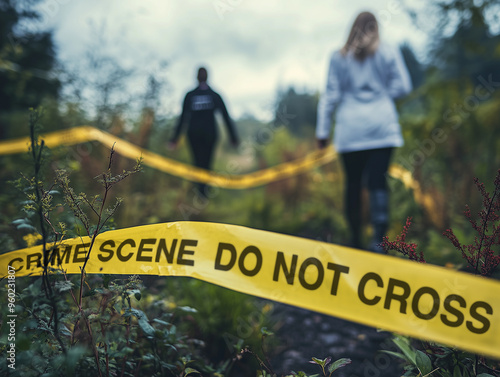 Two people are seen walking away from a crime scene marked with yellow tape in a secluded forest, with dense foliage and a cloudy sky creating a somber atmosphere