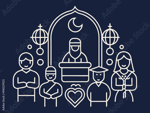 Mehfil-e sama or qawwali Night concept, gathering for spiritual listening vector outline icon, Muslim marriage Symbol, Islamic wedding customs Sign, Pakistani matrimony stock illustration 