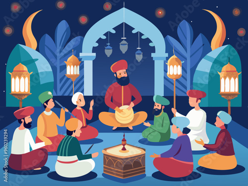 Mehfil-e sama or qawwali Night concept, gathering for spiritual listening vector outline icon, Muslim marriage Symbol, Islamic wedding customs Sign, Pakistani matrimony stock illustration 