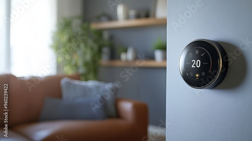 Single AI-driven smart thermostat optimizing energy for sustainability, minimal home scene with ample copy space, copy space for stock photo with minimal concept, No logo, No Trademark, No text