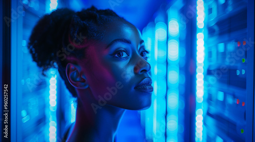 Black female cyber security analyst analysing AI cyberspace threats on computer in dark tech office data centre. Blue lighting. African american IT specialist ethical hacking 