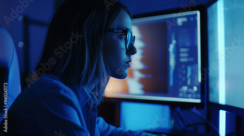 Female cyber security analyst analysing AI cyberspace threats on computer in dark tech office data centre. Blue lighting. IT specialist ethical hacking 