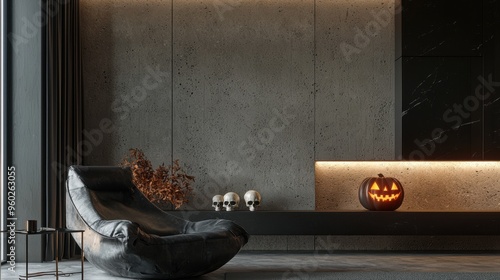 A modern minimalist interior design with subtle Halloween touches including small skull sculptures and a jack o lantern centerpiece casting soft light on an otherwise dark and moody room