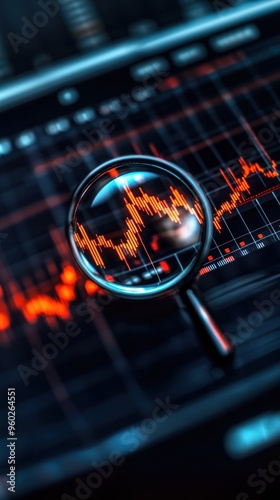 Magnifying glass over a stock market graph on a digital screen, symbolizing detailed analysis of credit ratings, financial performance