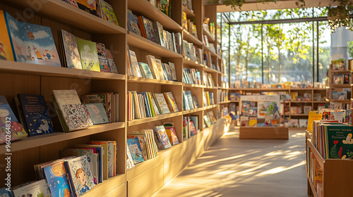 Bright and cozy children's bookstore with organized wooden shelves, colorful books, and warm sunlight through large windows, peaceful and inviting reading space, bookshop interior design.