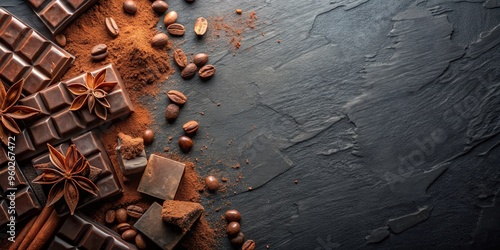 Dark slate background with chocolate and cocoa powder, perfect for kitchen and dessert designs