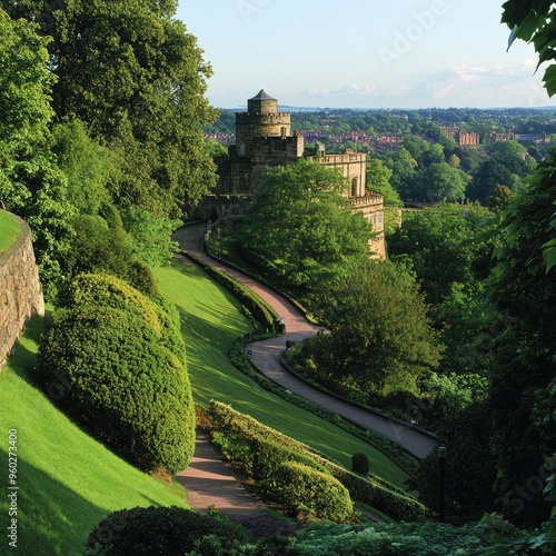 The lush green gardens surrounding Nottingham Castle, with pathways leading to the castle grand entrance.