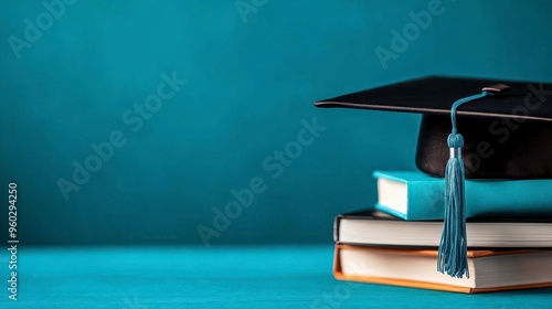 A close-up of a graduation cap resting on a stack of books, symbolizing academic achievement and educational success.