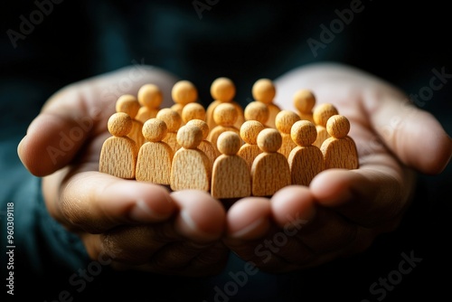 The Power of Community: Wooden figures nestled in open palms, symbolizing the significance of human connection, empathy, and the strength found in unity.