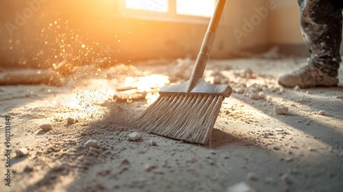 Cleaning up debris on the floor with sunlight streaming in